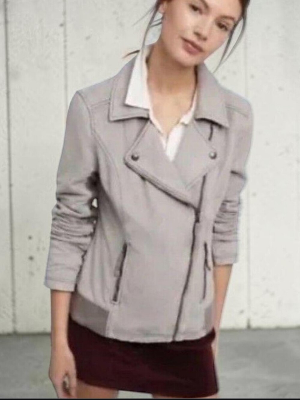 Anthro Marrakech Light Gray Boho Brushed Moto Jacket - Casual Zip Front Sz M